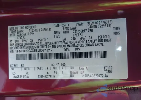 2014 Ford Escape Se из США, поврежденный, VIN 1FMCU9GX8EUD71217